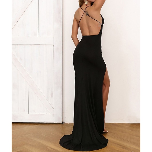 Black Crisscross Back High Slit Bodycon Long Dress - Picture 3 of 7